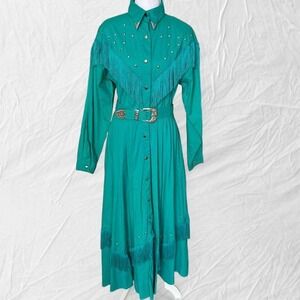Vintage western fringe maxi dress teal studded cowgirl